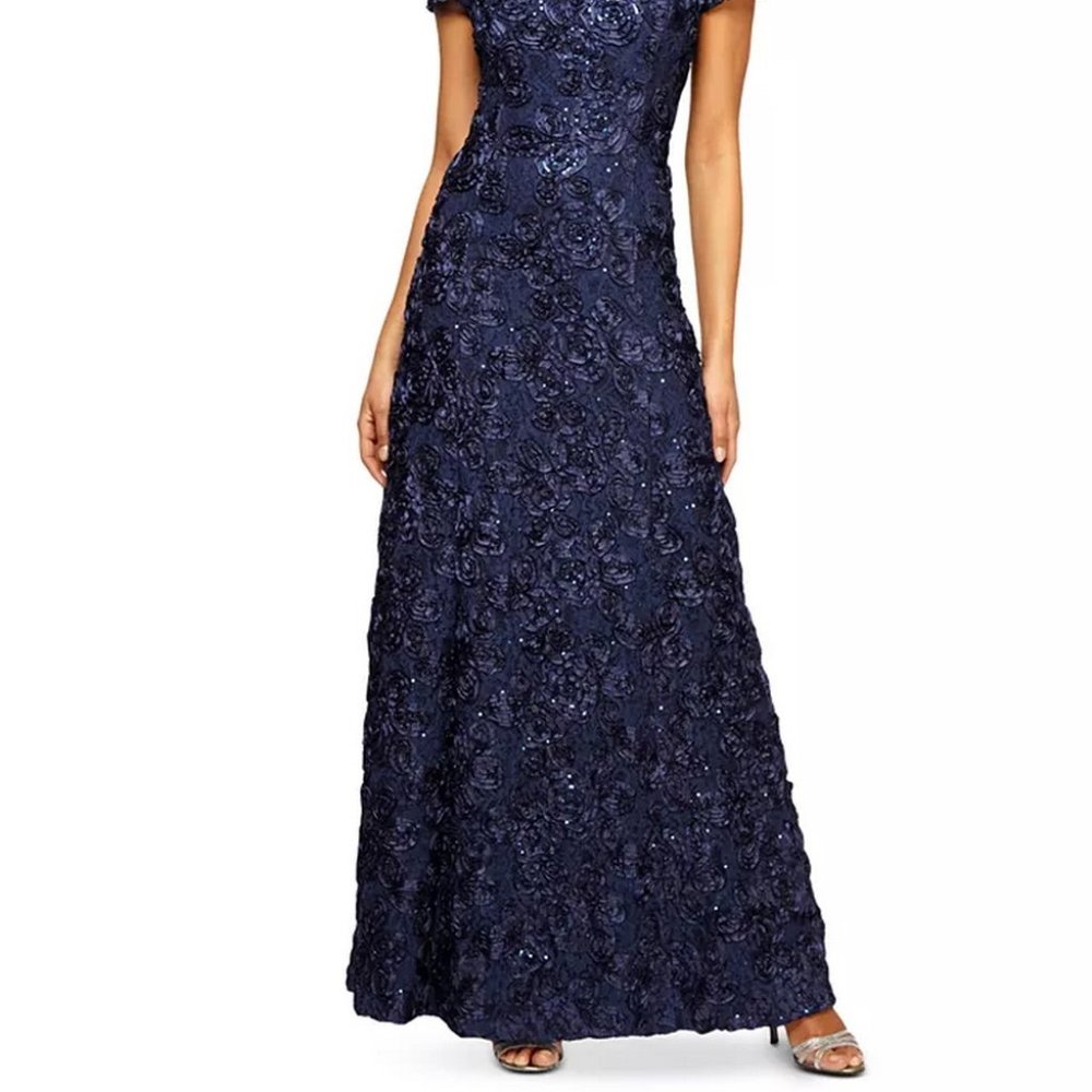 Alex Evenings Navy Blue Floral Sequin Embellished Maxi Dress - Picture 2 of 4